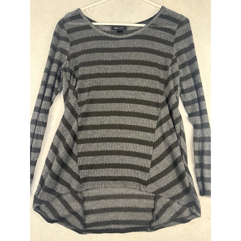 AB Studio Gray Black‎ Striped Knit Top Long Sleeve Lightweight Pullover Women L